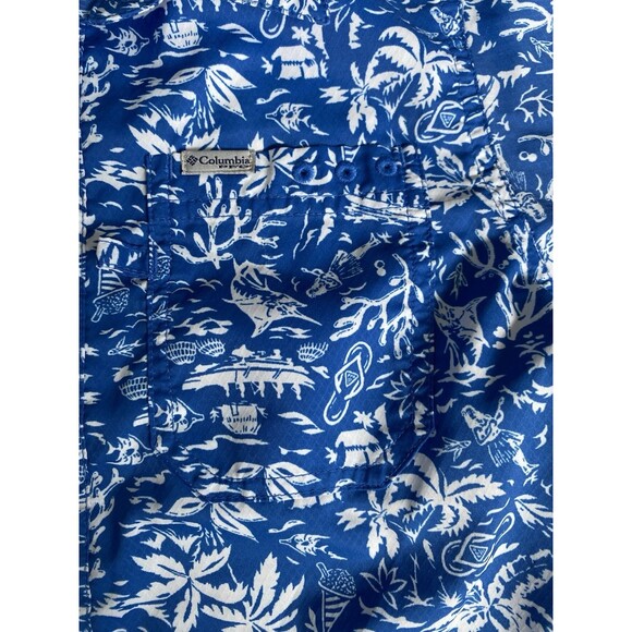 Columbia PFG Boys Shirt M 10/12 Blue White Tropical Print Button Front - Picture 3 of 4